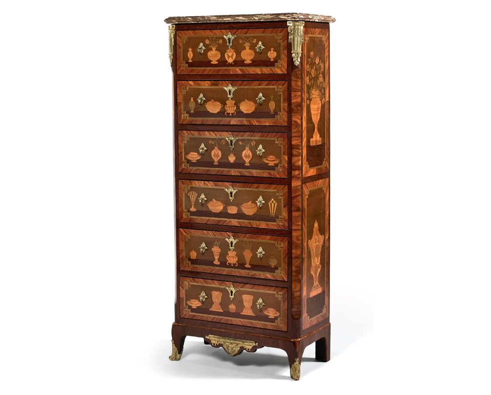 Null Chiffonnier opening by six drawers in marquetry decorated with vases, cups,&hellip;