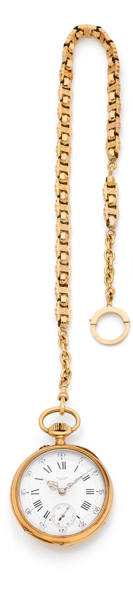R. LIGERON PARIS Reloj de bolsillo y su cadena gilletière en oro de 18K (750 ‰) &hellip;