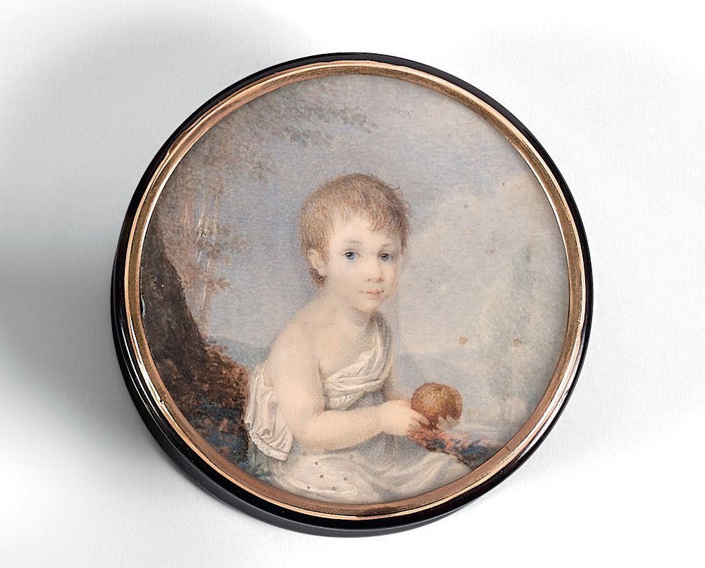 Null Boîte en écaille, le couvercle orné d'une miniature d'enfant tenant une pom&hellip;