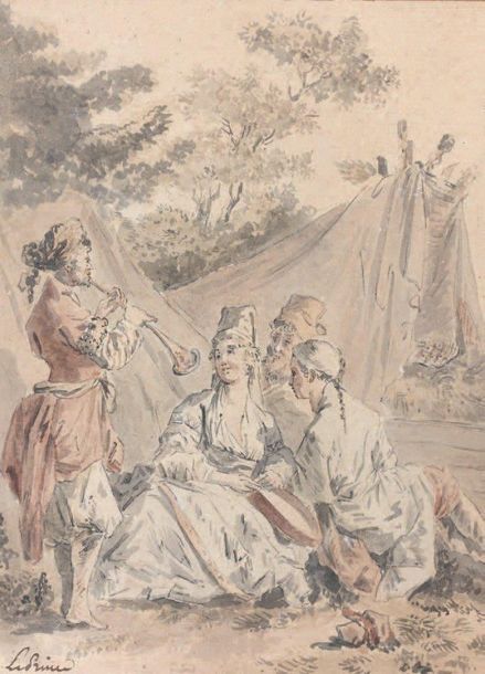Jean-Baptiste LEPRINCE (1734-1781) La sérénade Russe Aquarelle, plume et encre n&hellip;