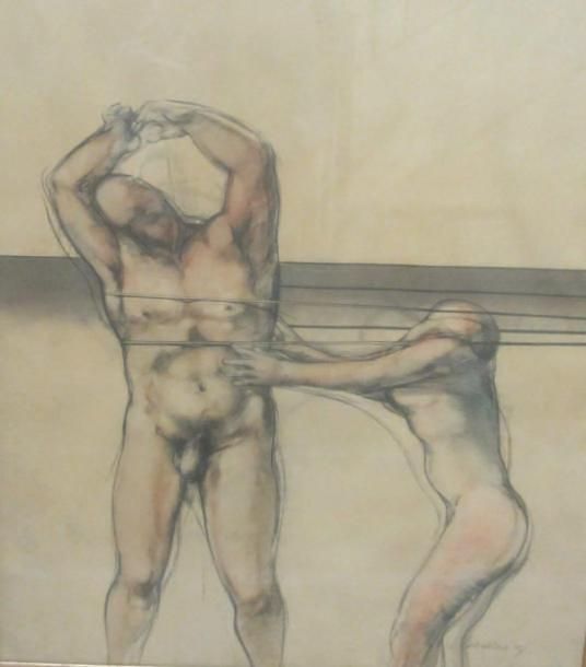 Luis CABALLERO (1943-1995) Homme et femme nus Dessin 82 x 72,5 cm