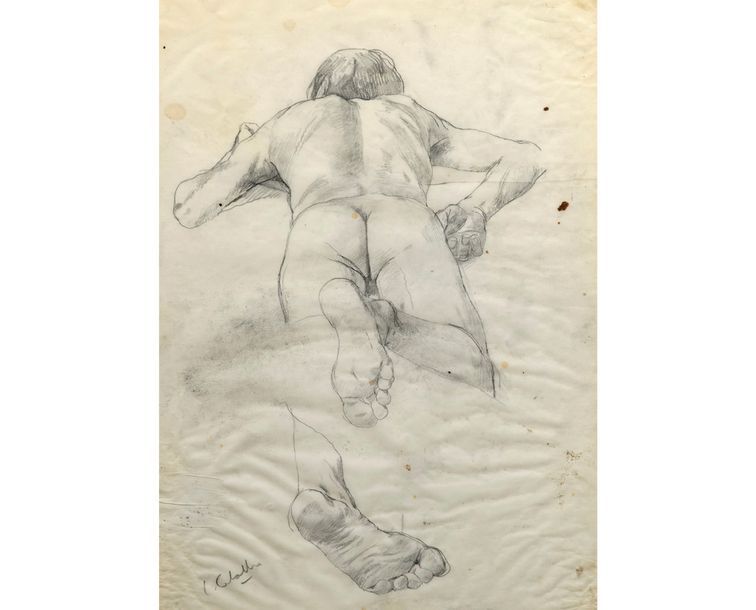 Luis CABALLERO (1943-1995) Nu allongé
Fusain sur papier calque (taches).
42 x 30&hellip;