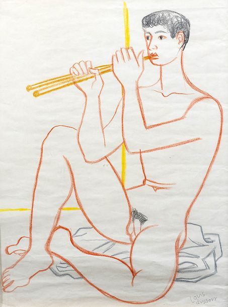 Louis DUSSUY (XXe siècle) Joueur d'aulos
Crayons de couleur sur papier, signé en&hellip;
