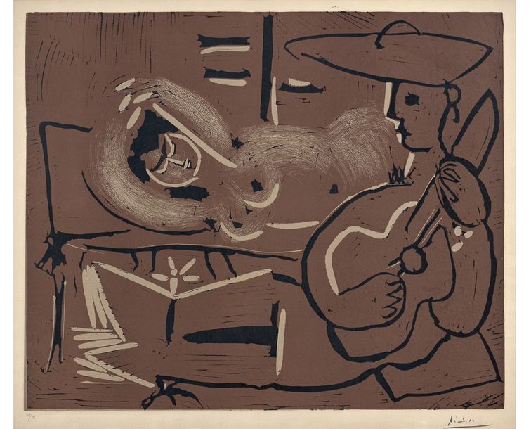 Pablo Picasso (1881-1973) Femme couchée et guitariste
Gravure sur linoléum. Epre&hellip;