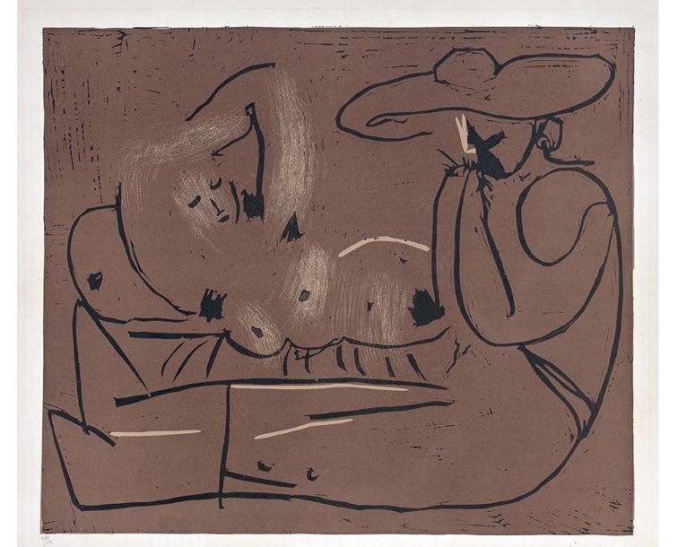 Pablo Picasso (1881-1973) Femme couchée et homme au grand chapeau
Gravure sur li&hellip;