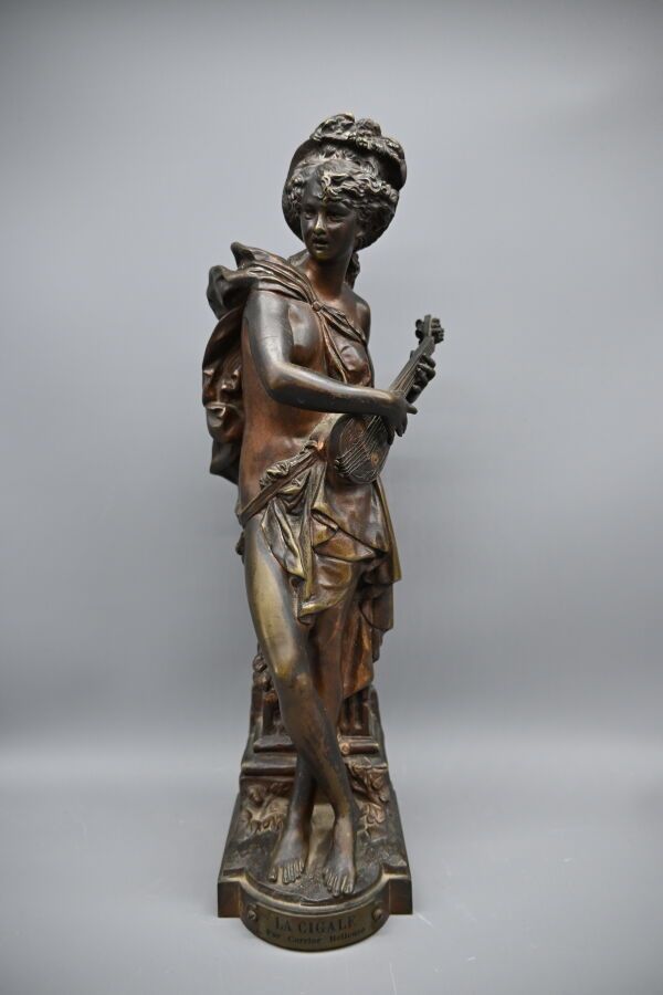 Null Albert CARRIER BELLEUSE (1824-1887), "La Cigale", Escultura de bronce patin&hellip;