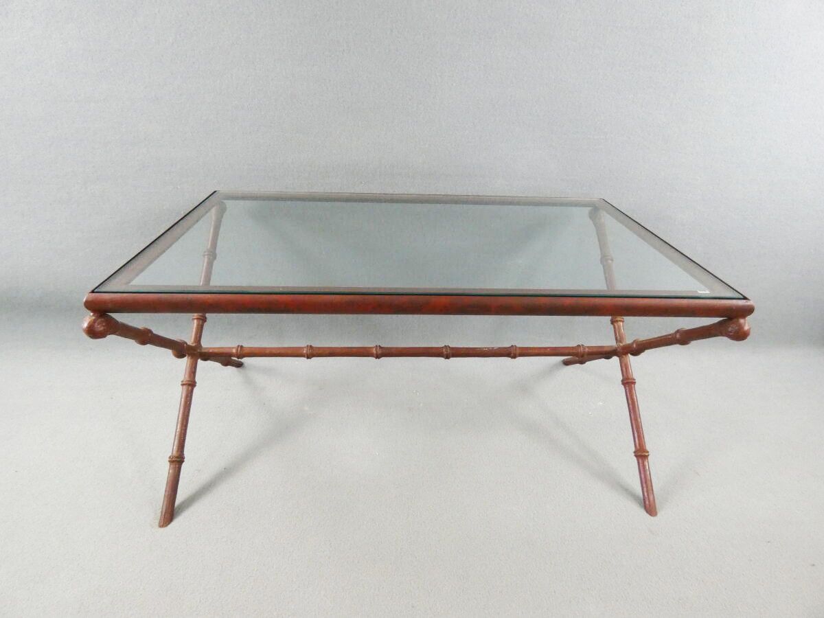 Null Bamboo-style metal X-shaped coffee table in the Bagues style, glass top. Di&hellip;
