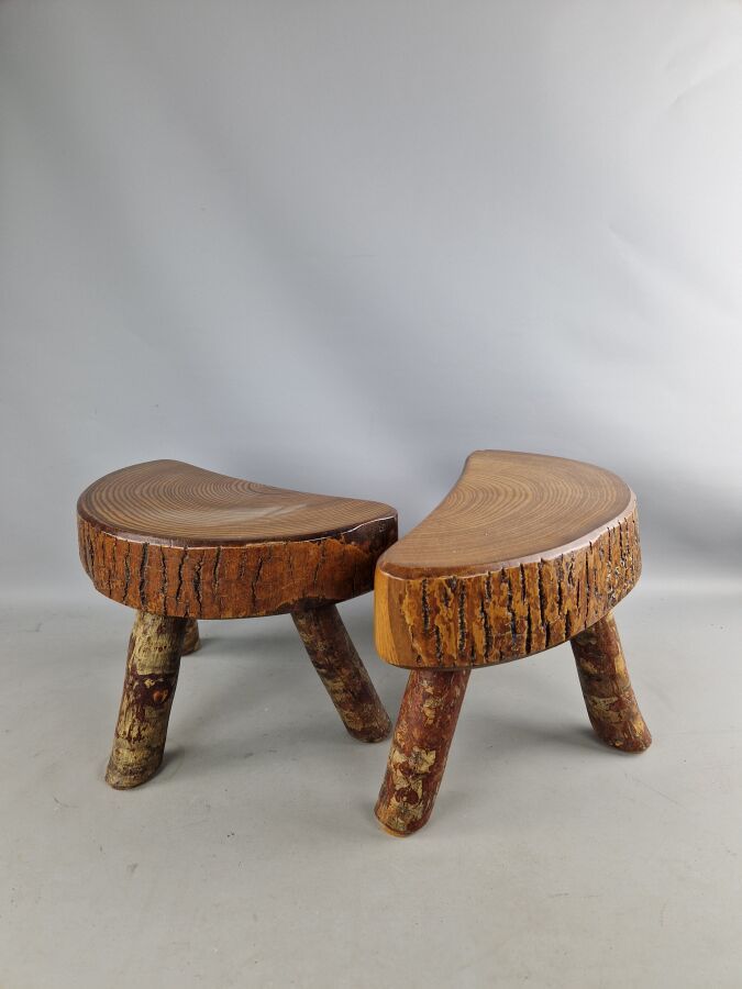 Null Two tripod "trunk" stools, in the taste of Brutalist work. Dimensions: h. 2&hellip;