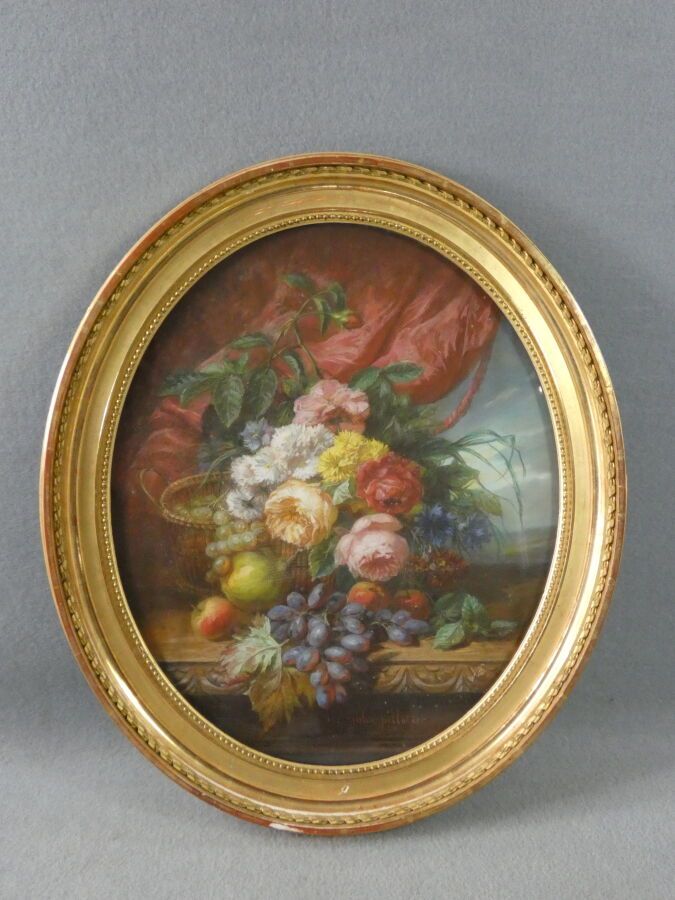 Null Jules Antoine PELLETIER (XIXème), "Nature morte aux fleurs et aux fruits", &hellip;