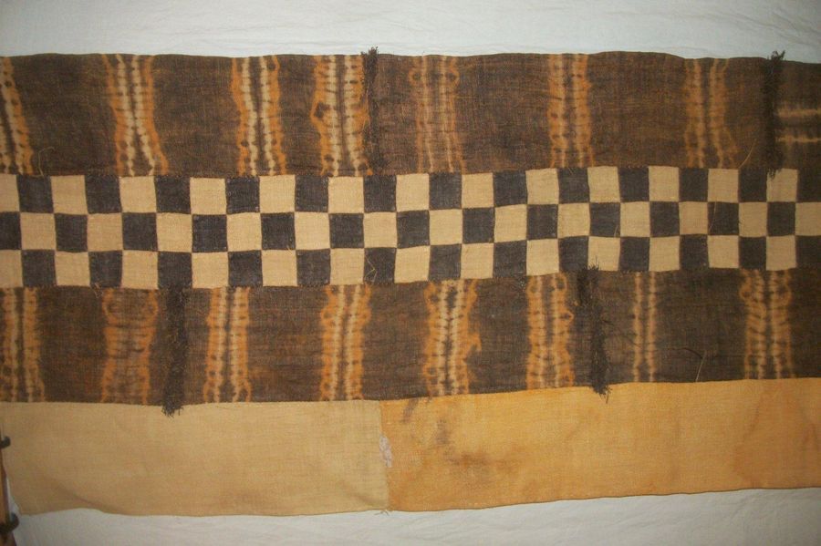 Null Tchak du Kasaï腰布，刚果，条状酒椰纤维，青绿色，用绳索染色，并组装成棋盘图案。