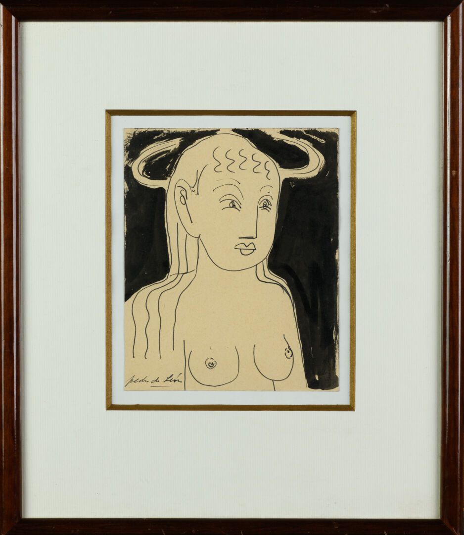Null PEDRO de LEON (1951) "Frau- Stier" Zeichnung auf Papier, Mischtechnik, SBG,&hellip;