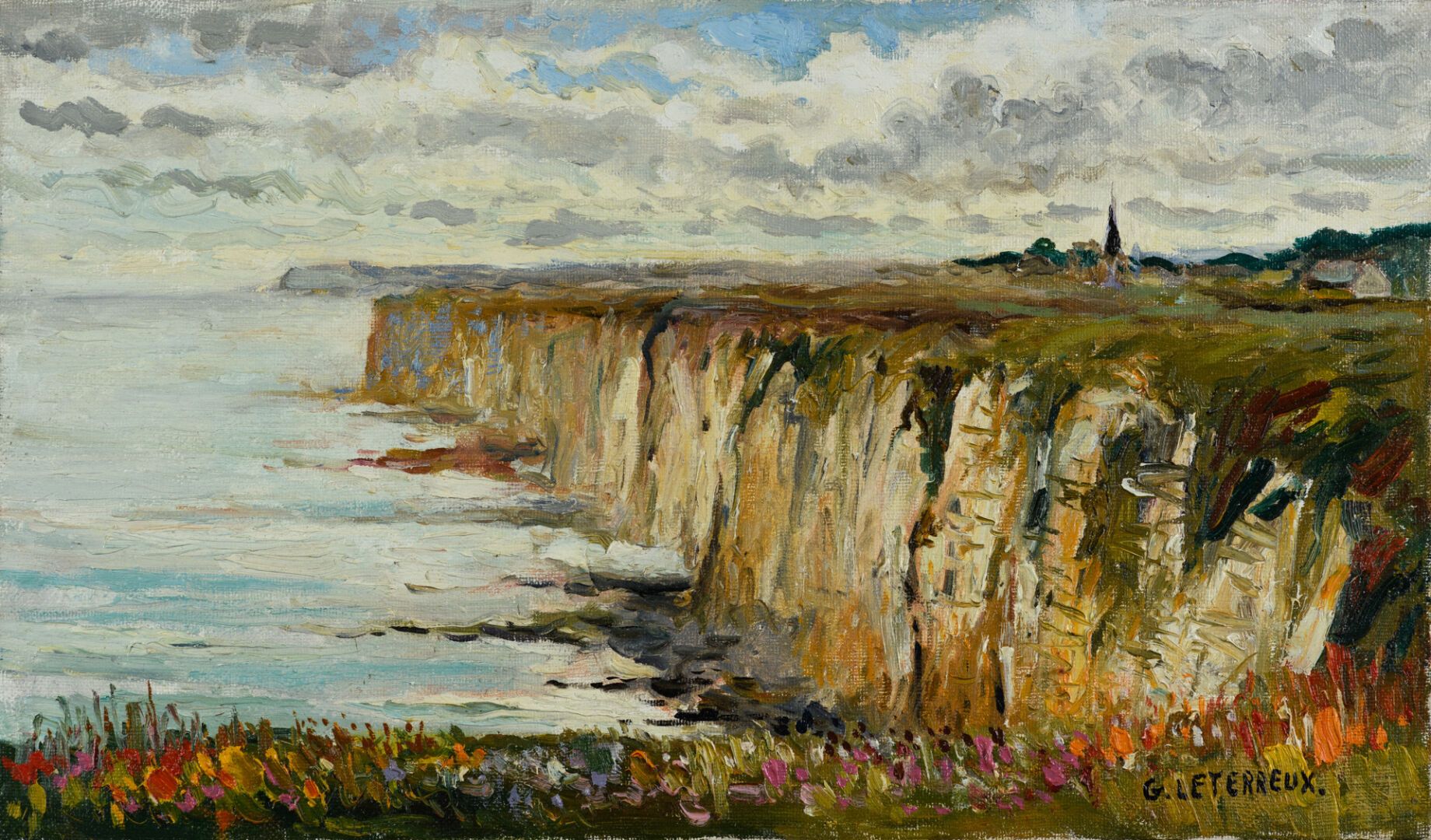 Null Gervais LETERREUX 1930-2003 "Etretat 1992" HST, SBD, 27x46cm