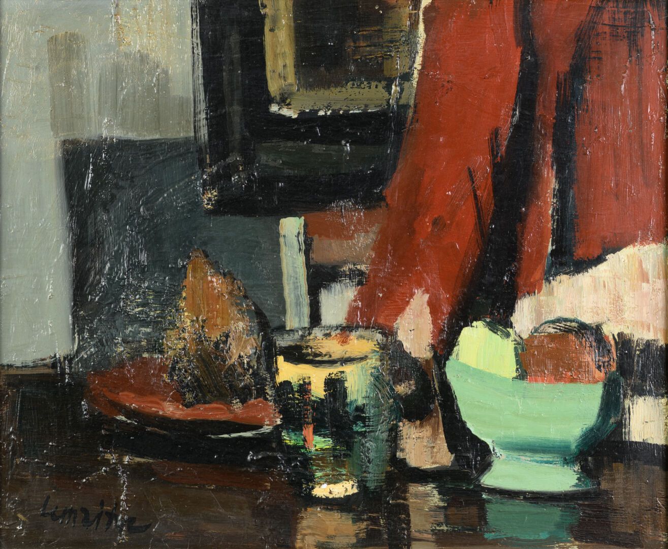Null André LEMAITRE 1909-1995 "静物与红色窗帘1966" HST, SBG，背面有标题 37x45cm