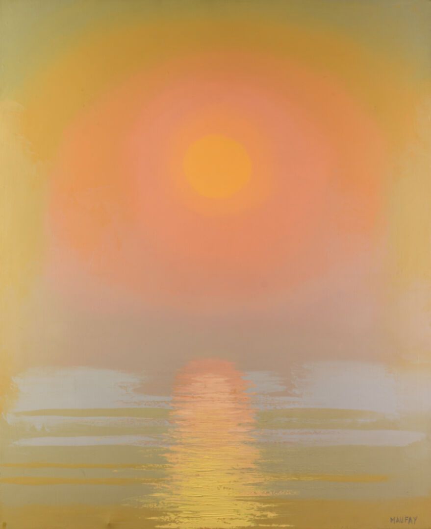 Null MAUFAY "Coucher de soleil au dessus de l'eau" HST, SBD, 100x81cm (tache en &hellip;