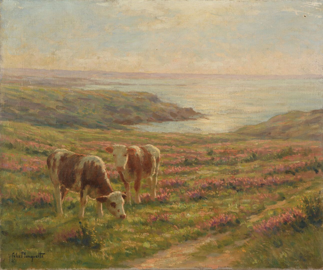 Null Félix PLANQUETTE 1873-1964 "海边的奶牛" HST, SBG, 46x55cm (画布上有小洞)