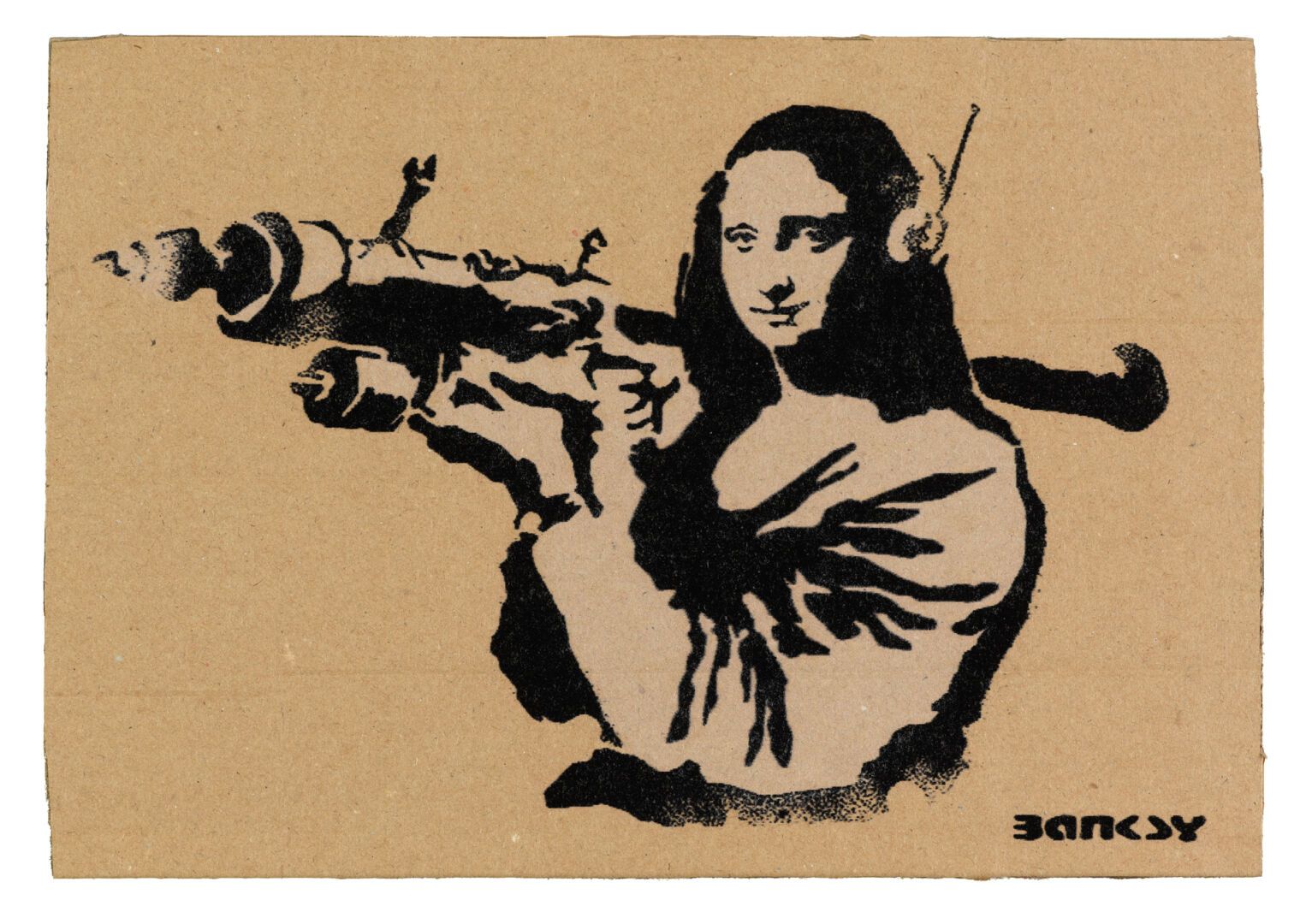 Null BANKSY "Mona Lisa beim Angriff" Schablonenspray auf Karton 35/50. Stempel: &hellip;