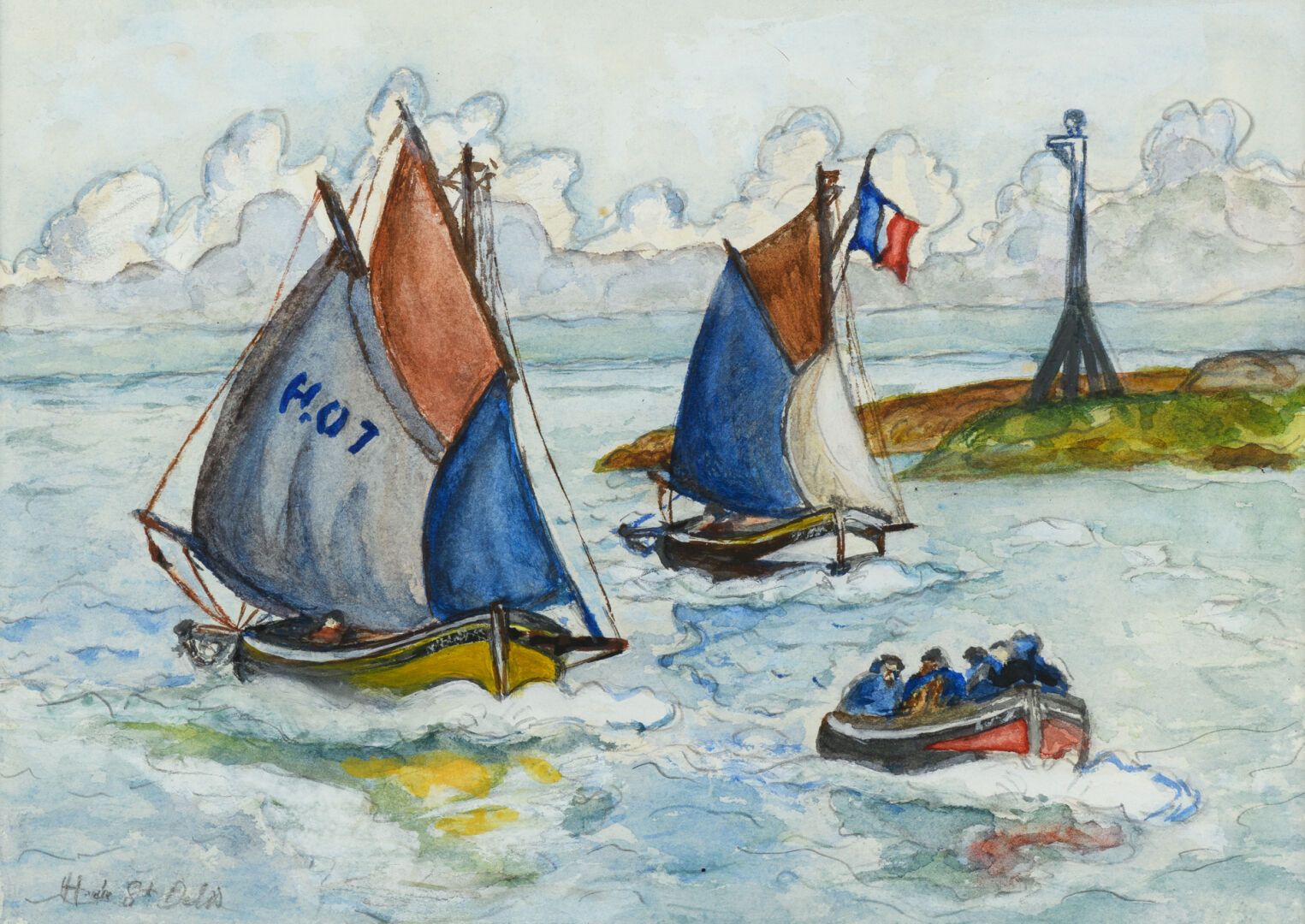 Null Henri DE SAINT DELIS 1878-1949 "An der Hafeneinfahrt von Honfleur" Aquarell&hellip;
