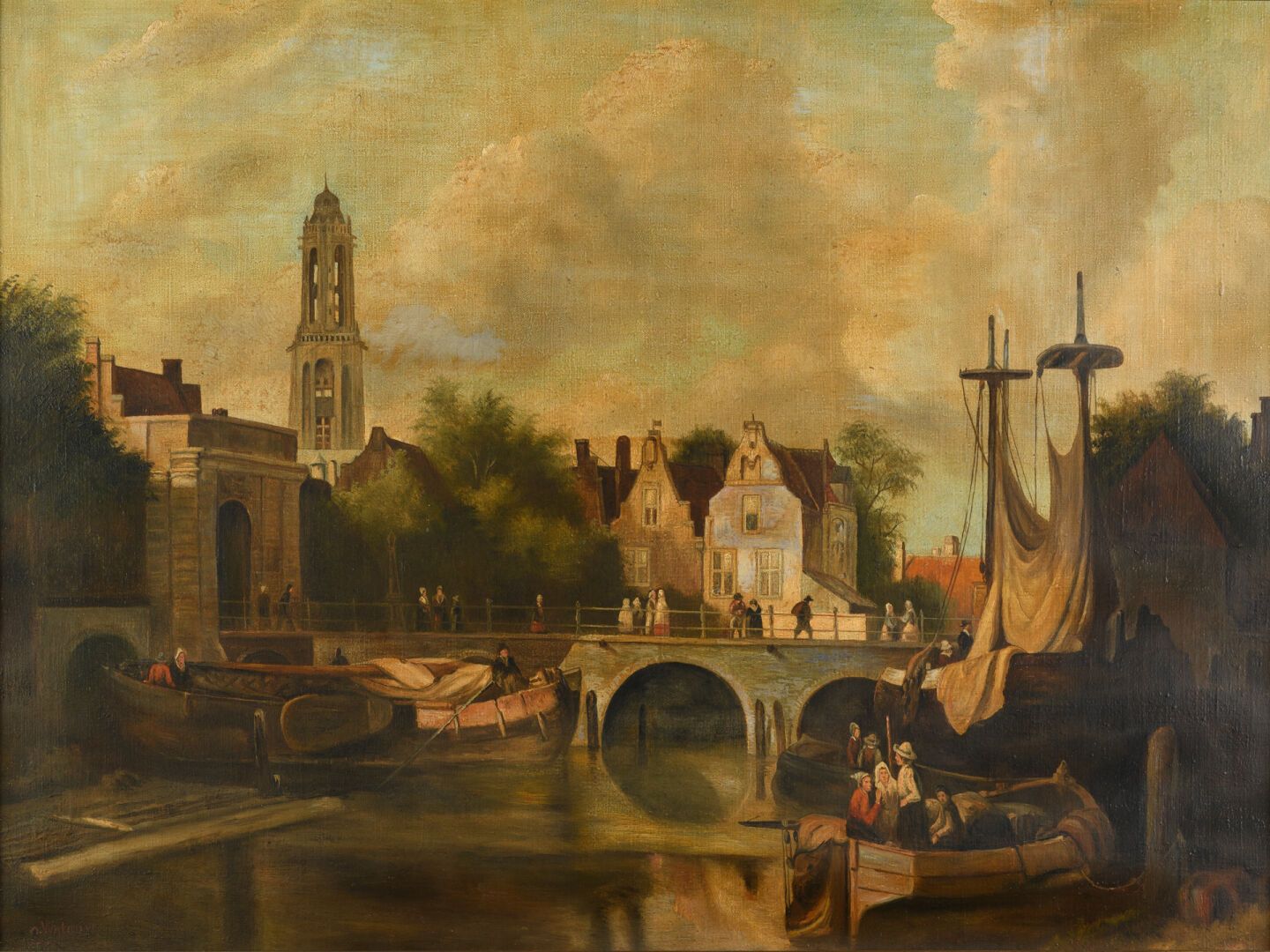 Null Dopo J. WALRAVEN (1827-1890) "Paesaggio urbano con persone, barche e ponte"&hellip;