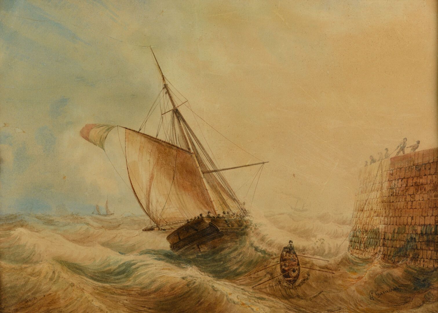 Null 路易斯-加曼（1803-1871）《大风》水彩画，SBD，（中间折叠），33.5x47cm