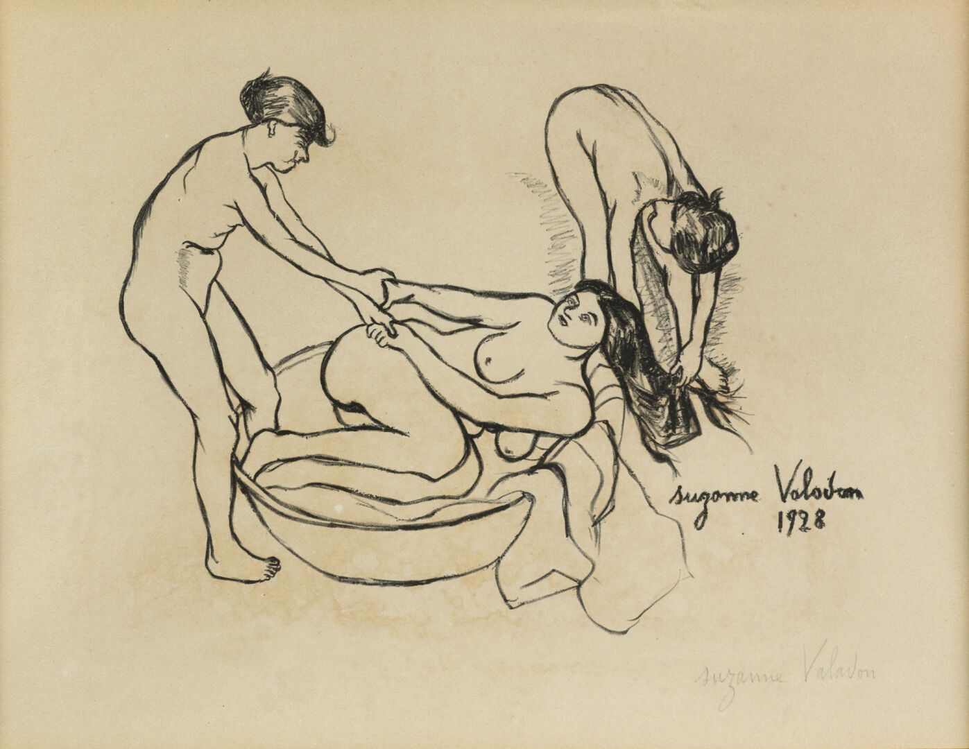 Null 苏珊娜-巴拉东《洗澡的女人》铅笔和木炭，SBD，有签名和铅笔副署的1928年，30x38.5cm