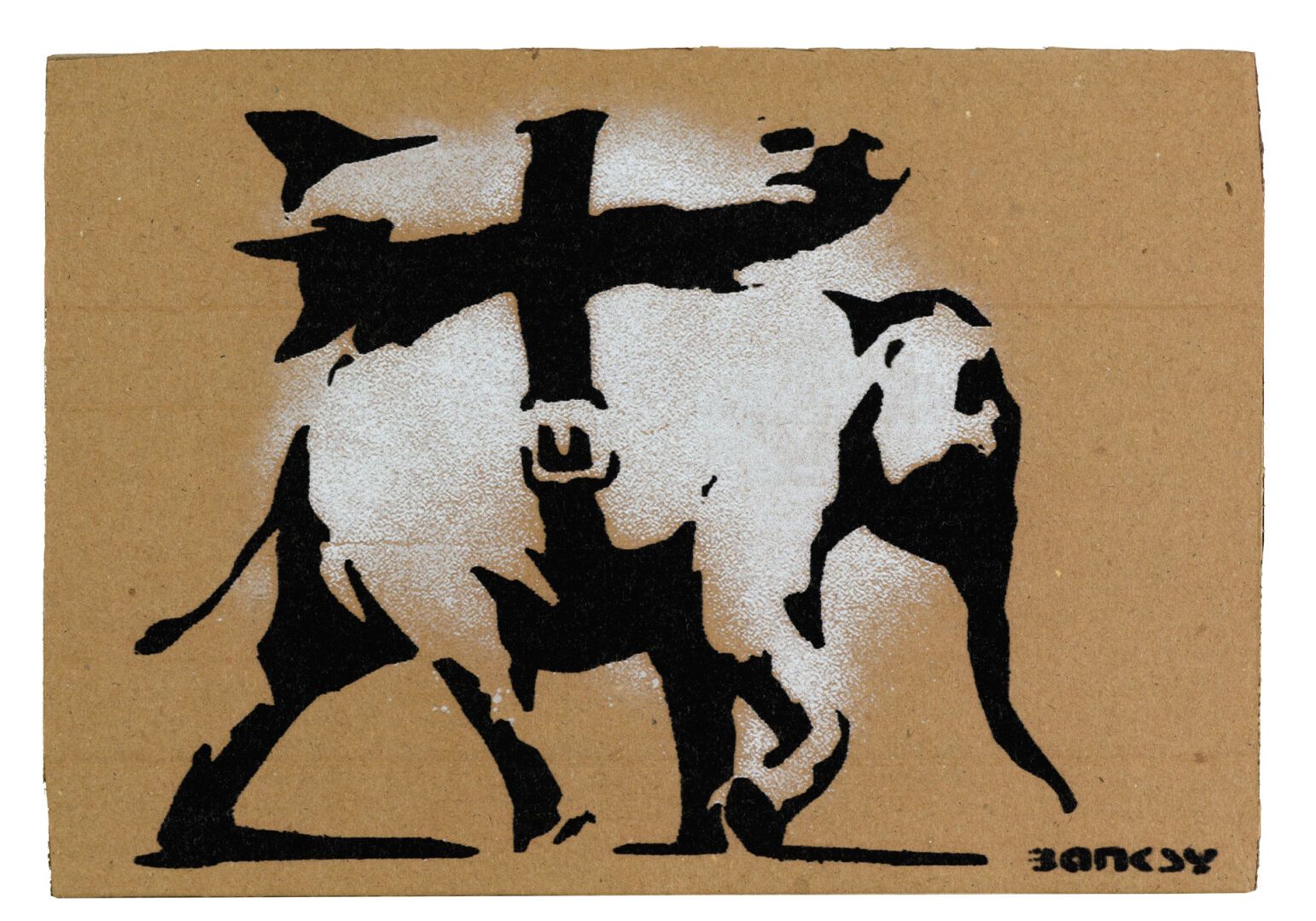 Null BANKSY "Elephant missile" aerosol stencil on cardboard 35/50. Stamp : DISMA&hellip;