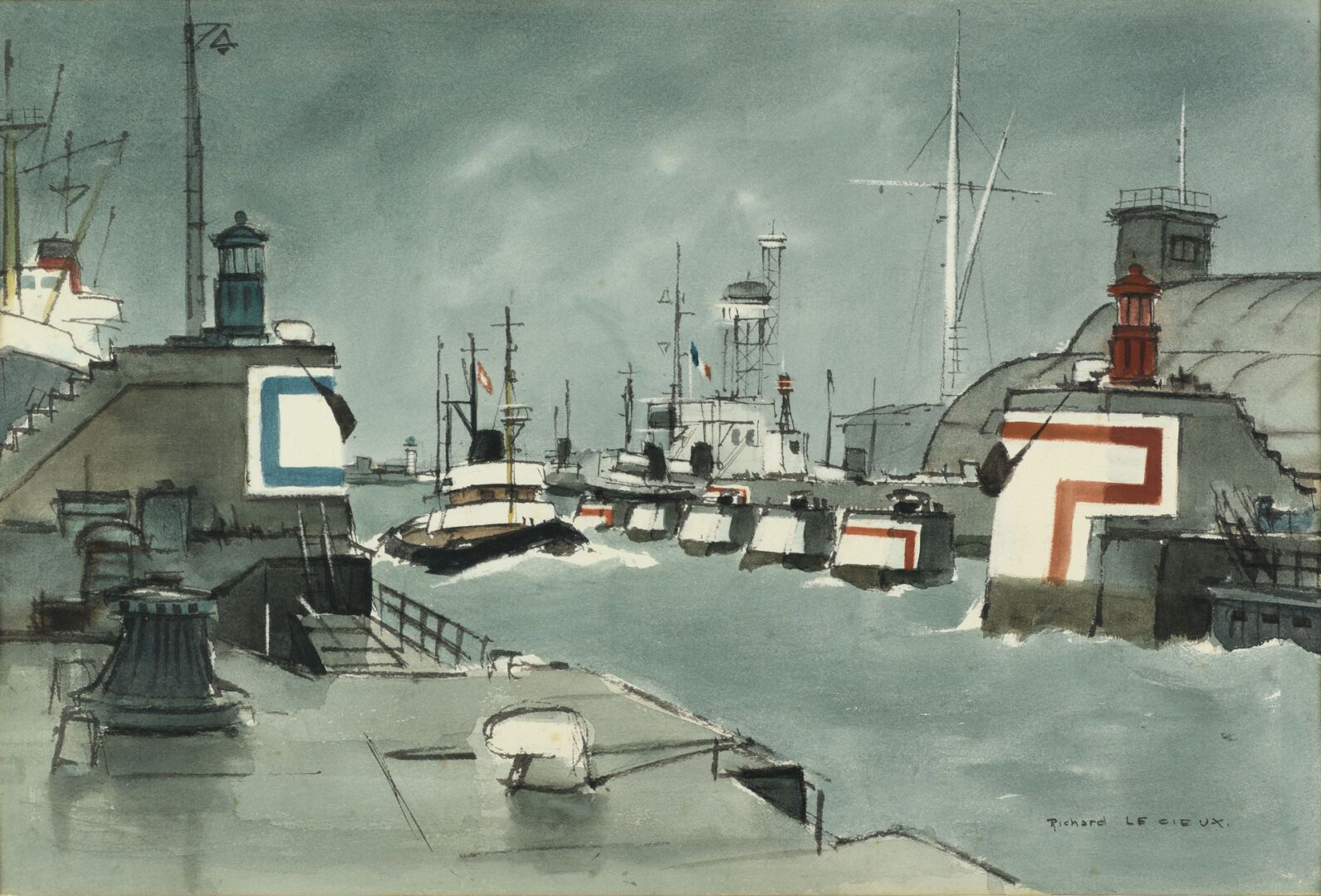Null Richard LE CIEUX《港口中的船只》水彩画，SBD，35x52cm