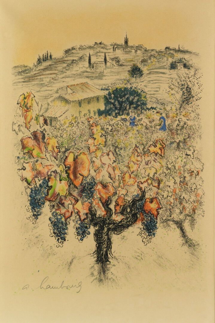 Null André HAMBOURG 1909-1999 "Les vignes" 彩色石版画，左下方有铅笔签名，53x35cm