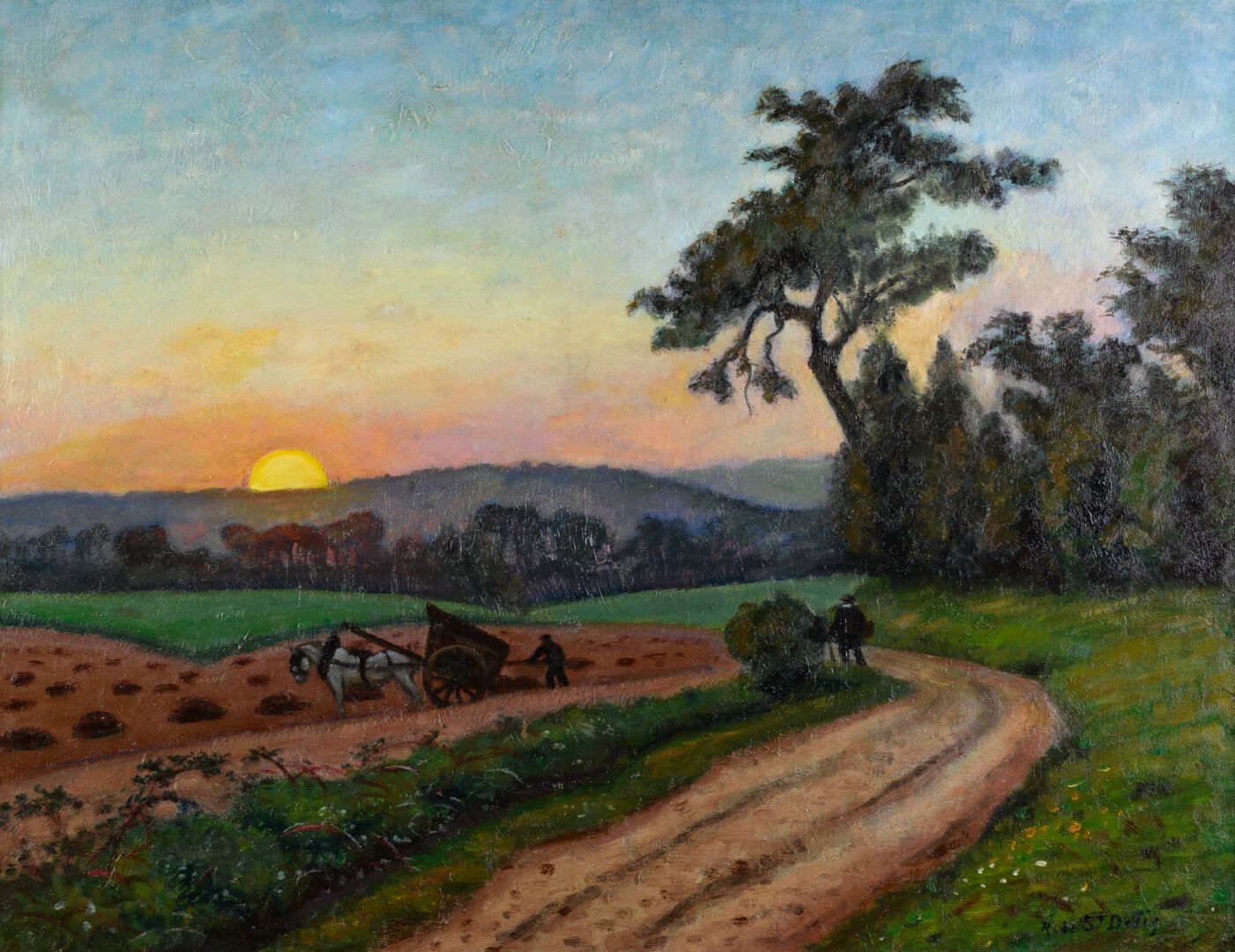 Null René DE SAINT DELIS 1876-1919 "Les laboureurs au coucher de soleil région d&hellip;