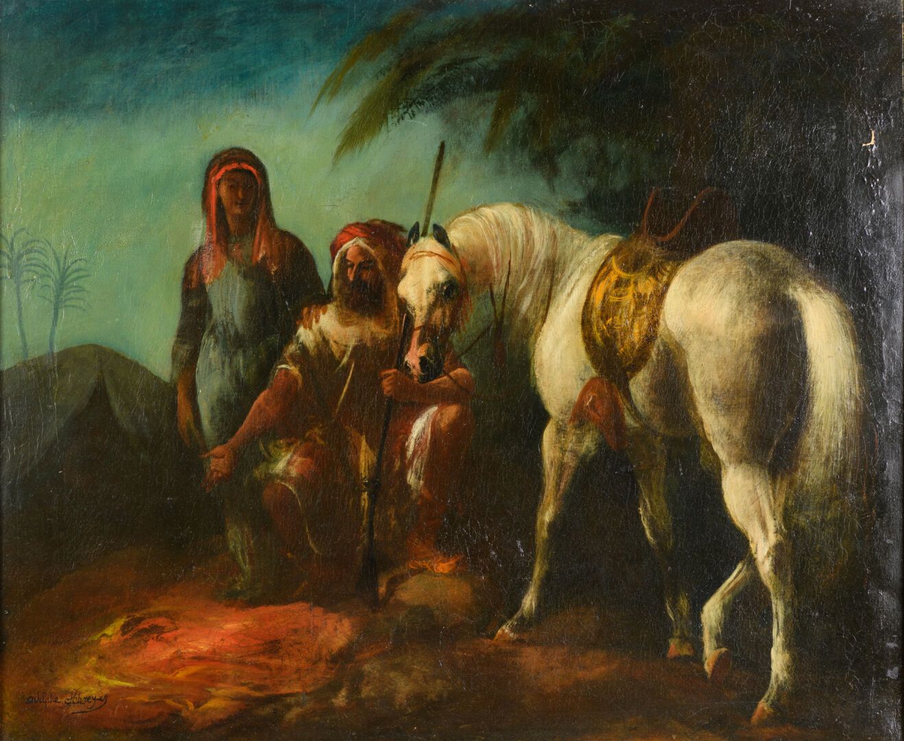 Null Adolphe SCHREYER "Bivouac with his horse" 布面油画，SBG，64x76cm (右上角有颜料缺口)