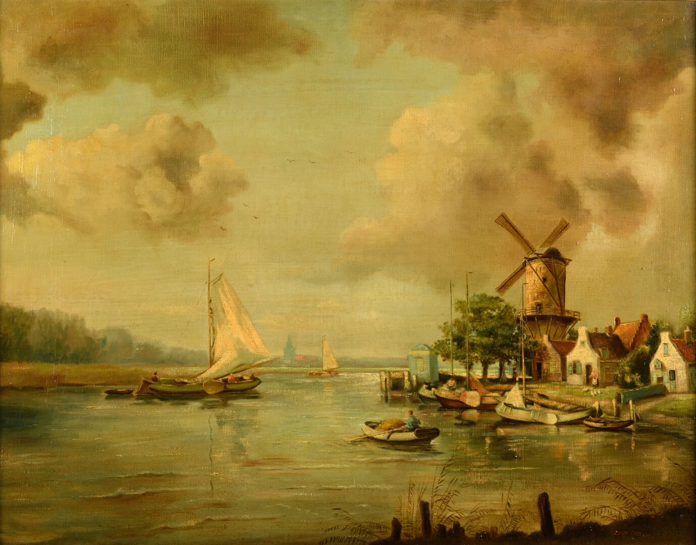 Null J. CARHAAR "Landschaft mit Mühle in einem Hafen" HST, SBG, 55x70cm