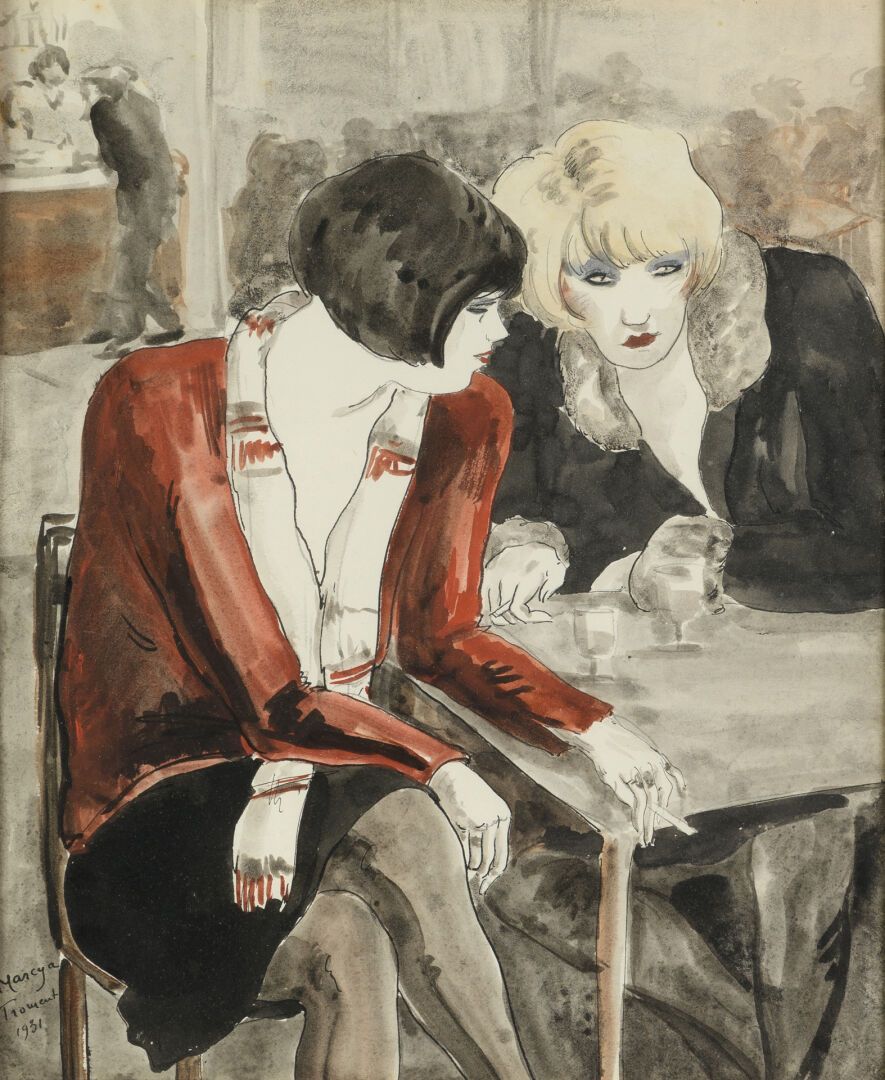 Null Marcia FROMENT "Élégante prenant un verre" aquarelle, SBG, 32x26cm