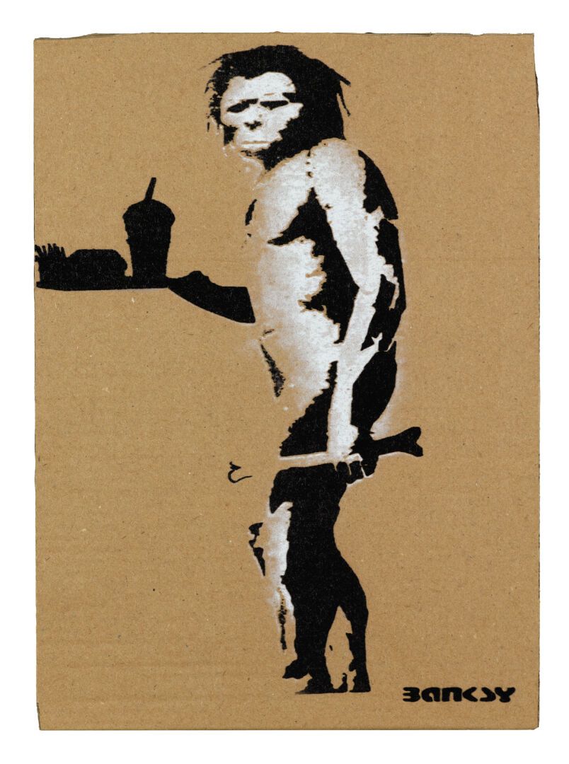 Null BANKSY "Cromagnon Mac Do" aerosol stencil on cardboard 29/50. Stamp : DISMA&hellip;