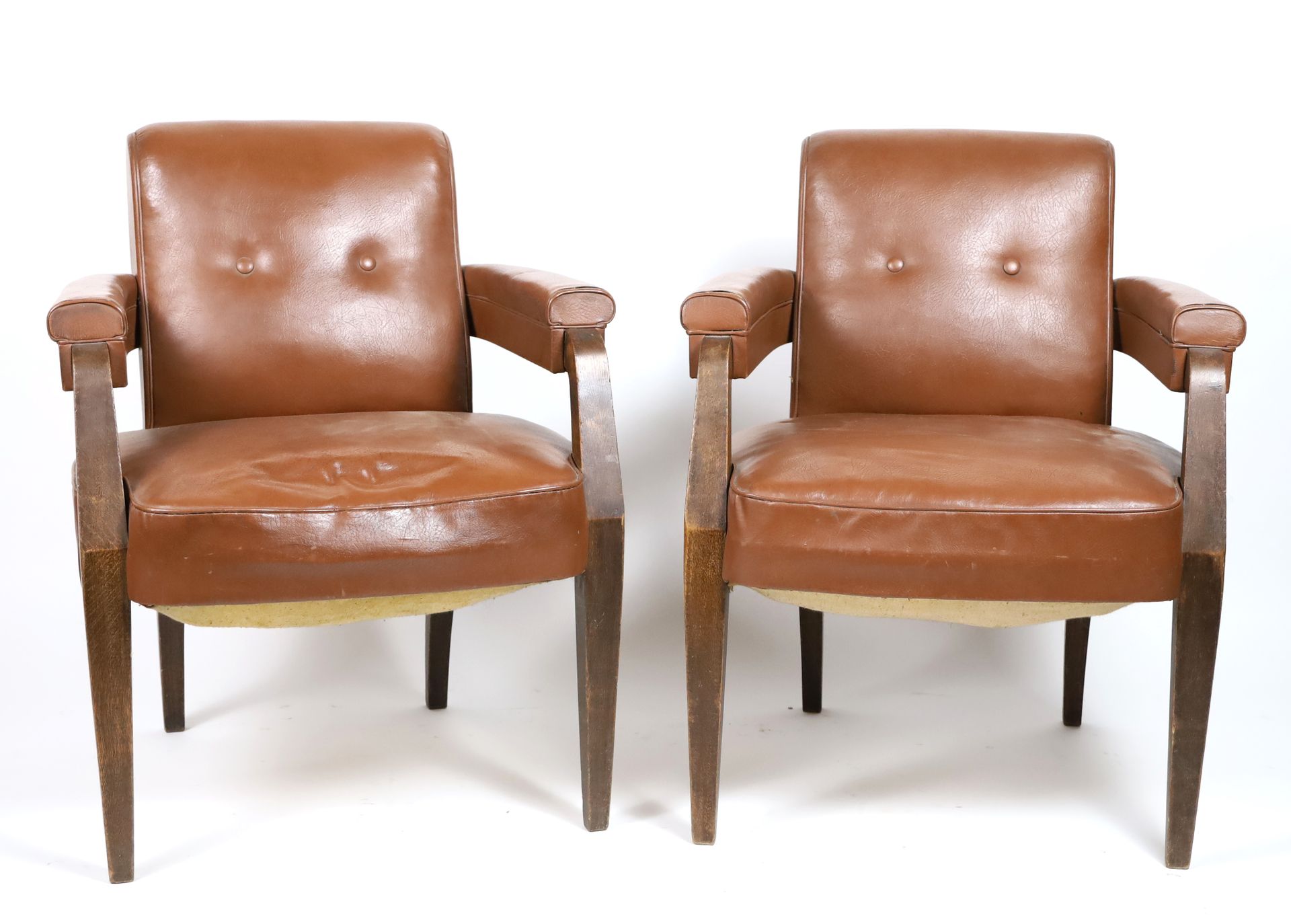 Null CGT Liberté 1950 - Pair of armchairs in natural wood, seat and back in brow&hellip;