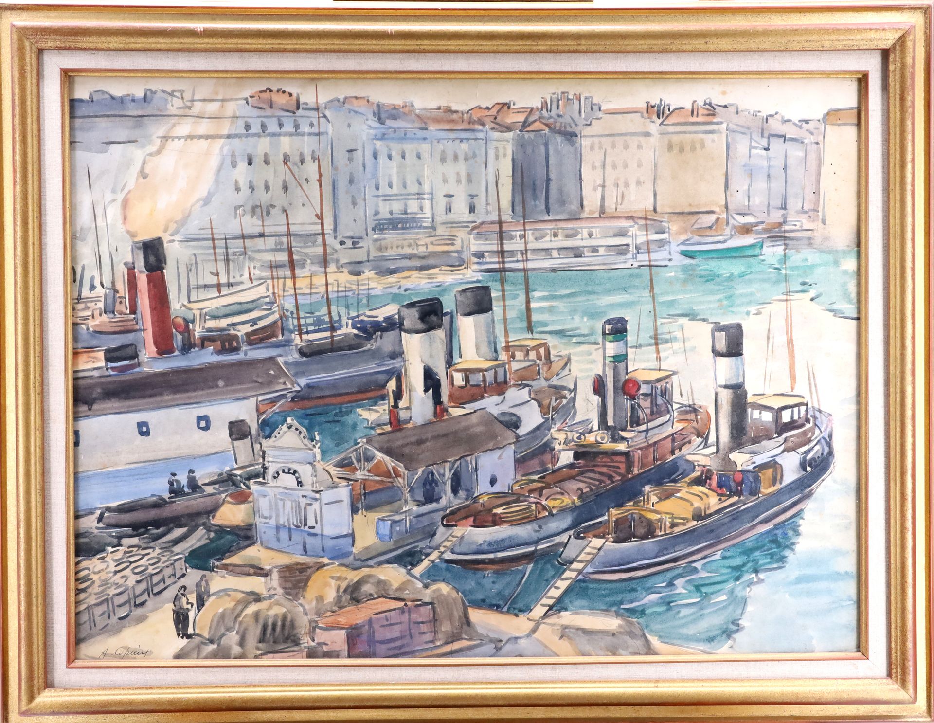 Null Albert COPIEUX (1885-1956) 《马赛港》，水彩画，左下角有签名。视线：52 x 72厘米（有轻微的潮湿痕迹）