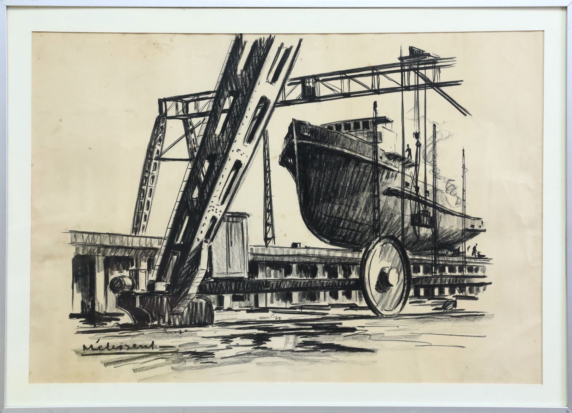 Null 莫里斯-梅里森（1911-1988），《船厂》，纸上石版画，版上左下角有签名，43厘米×63厘米（有皱纹和褶皱）。