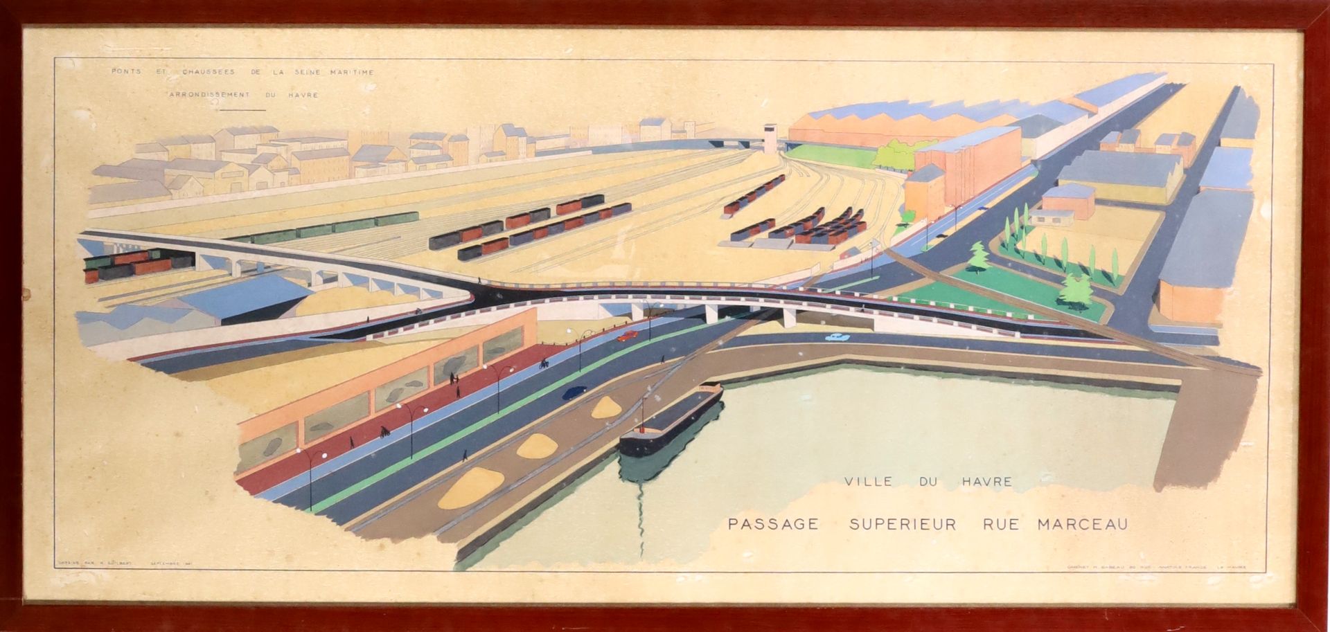 Null R.GUILBERT（20世纪），塞纳河沿岸的桥梁和道路/勒阿弗尔区-勒阿弗尔市/马尔索街的立交桥，建筑师在纸上的水粉画，左下方有签名和日期 "R. &hellip;