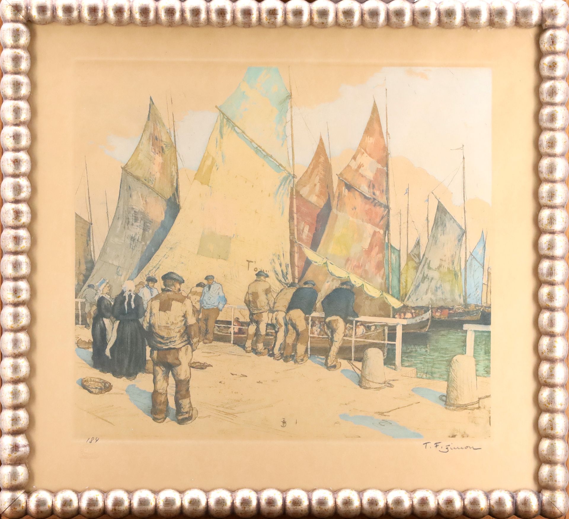 Null T.F. SIMON.码头上的渔民，彩色石版画，右下角有签名，背面有干印。40 x 44 厘米