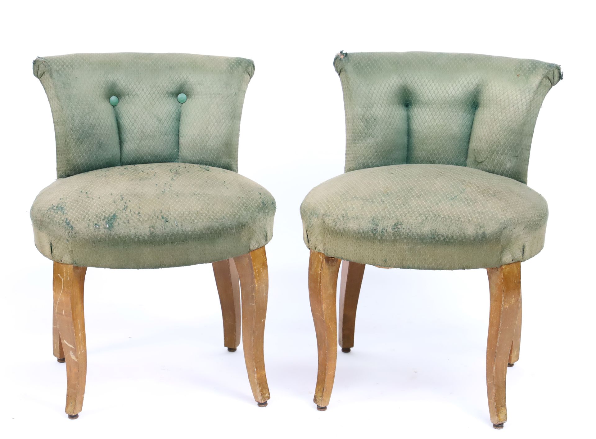 Null PAQUEBOT - 一对天然木制梳妆台椅，座椅和椅背为绿色天鹅绒 - 高60厘米，直径43厘米（磨损）。