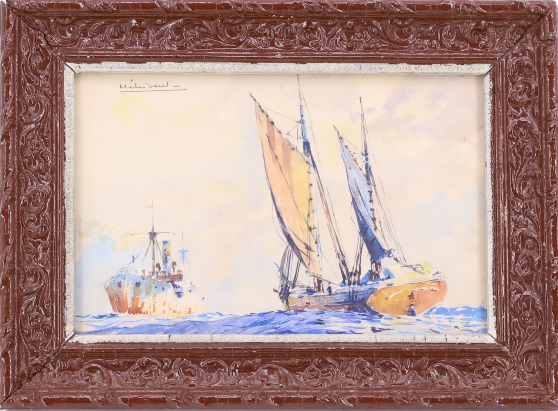 Null 莫里斯-梅里森（1911-1988），《海上的货物和帆船》，纸上水彩，左上角签名，17厘米x26厘米（正在观看）