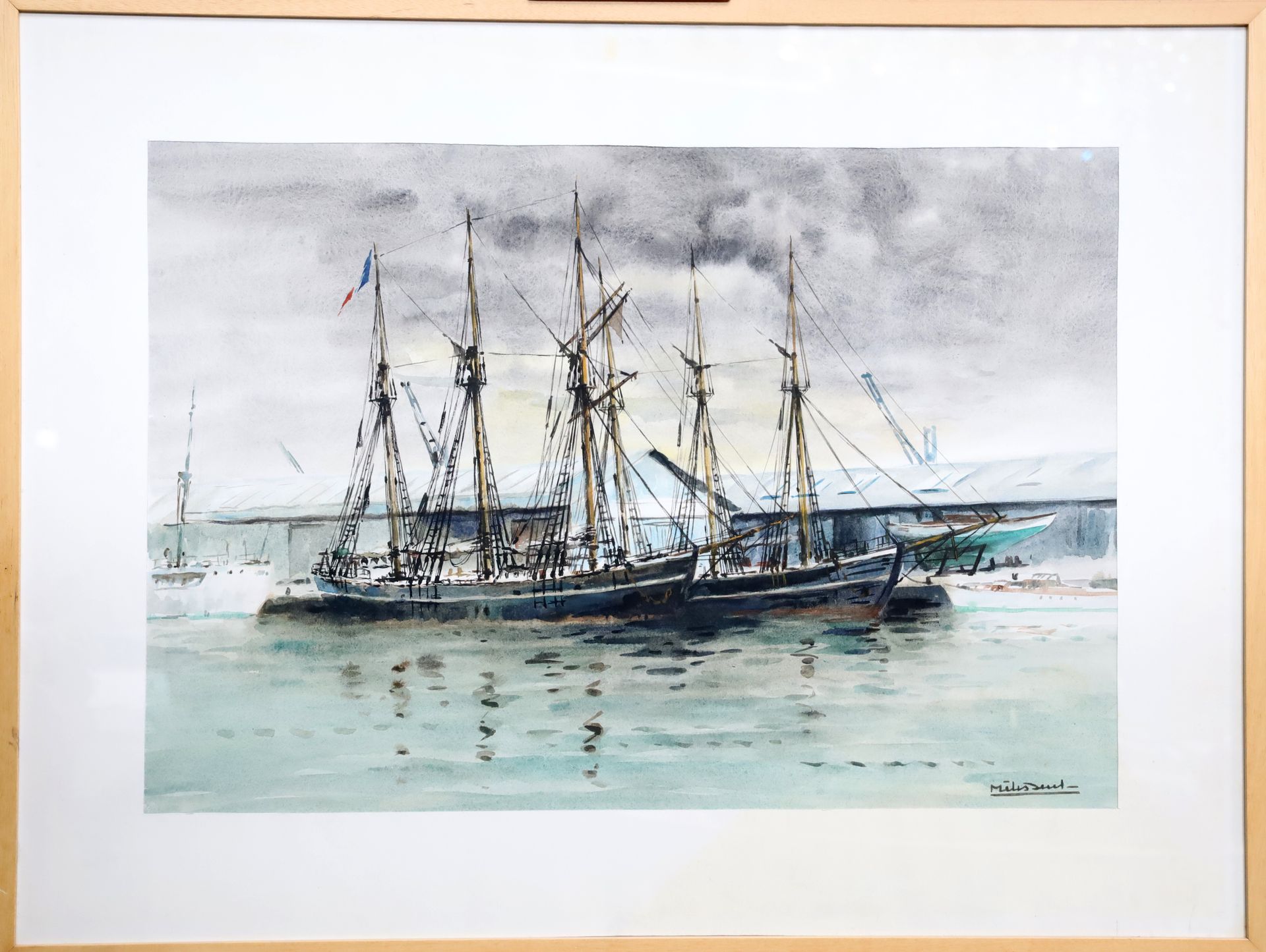 Null 莫里斯-梅里森（1911-1988），码头上的帆船，水彩画，右下角有签名--视线：52 cm x 76 cm