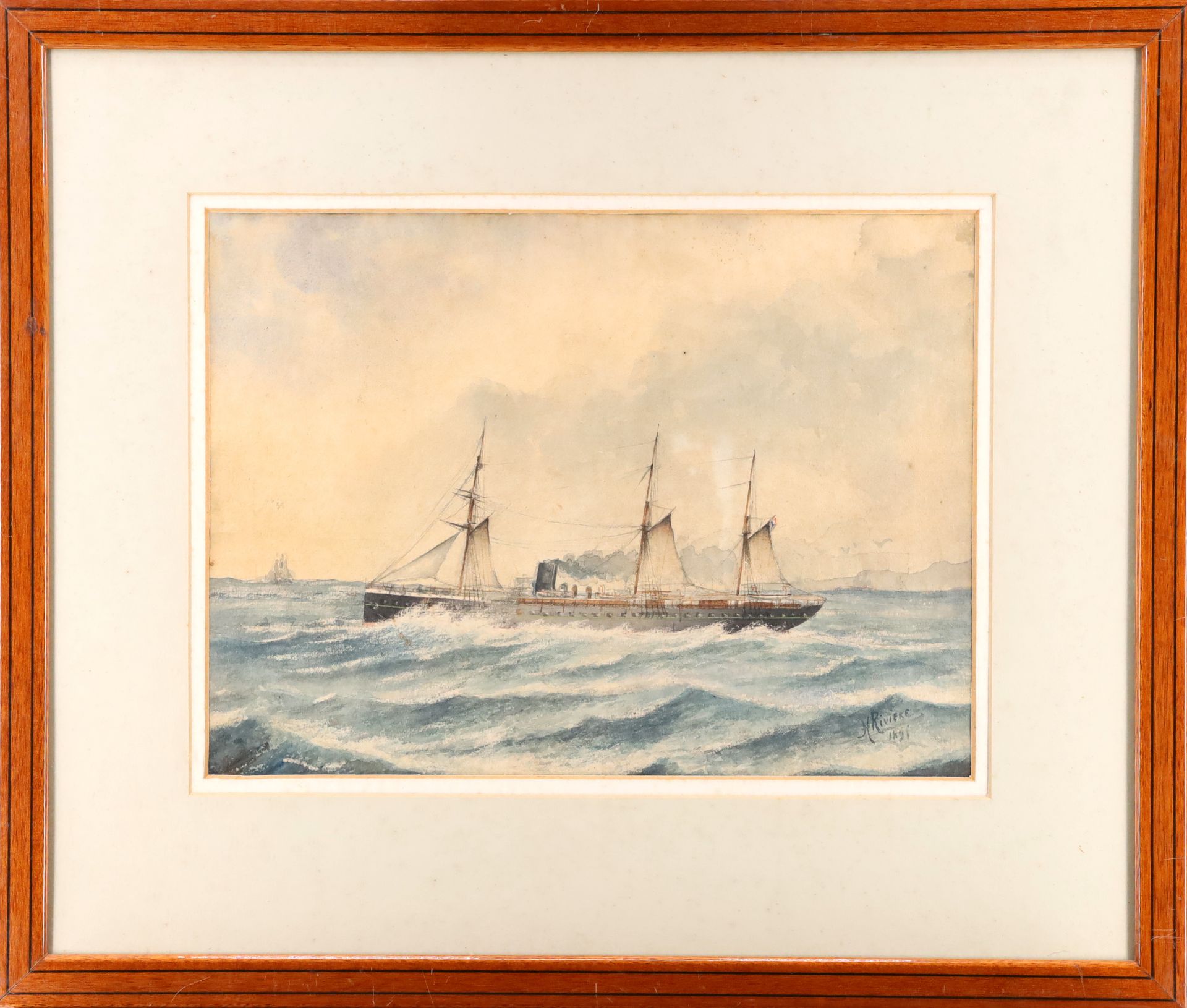 Null 20世纪法国画派，海上的船，纸上水彩和铅笔，右下角有手写签名和日期 "H Riviere 1895"，26厘米x 35厘米（正在观看）