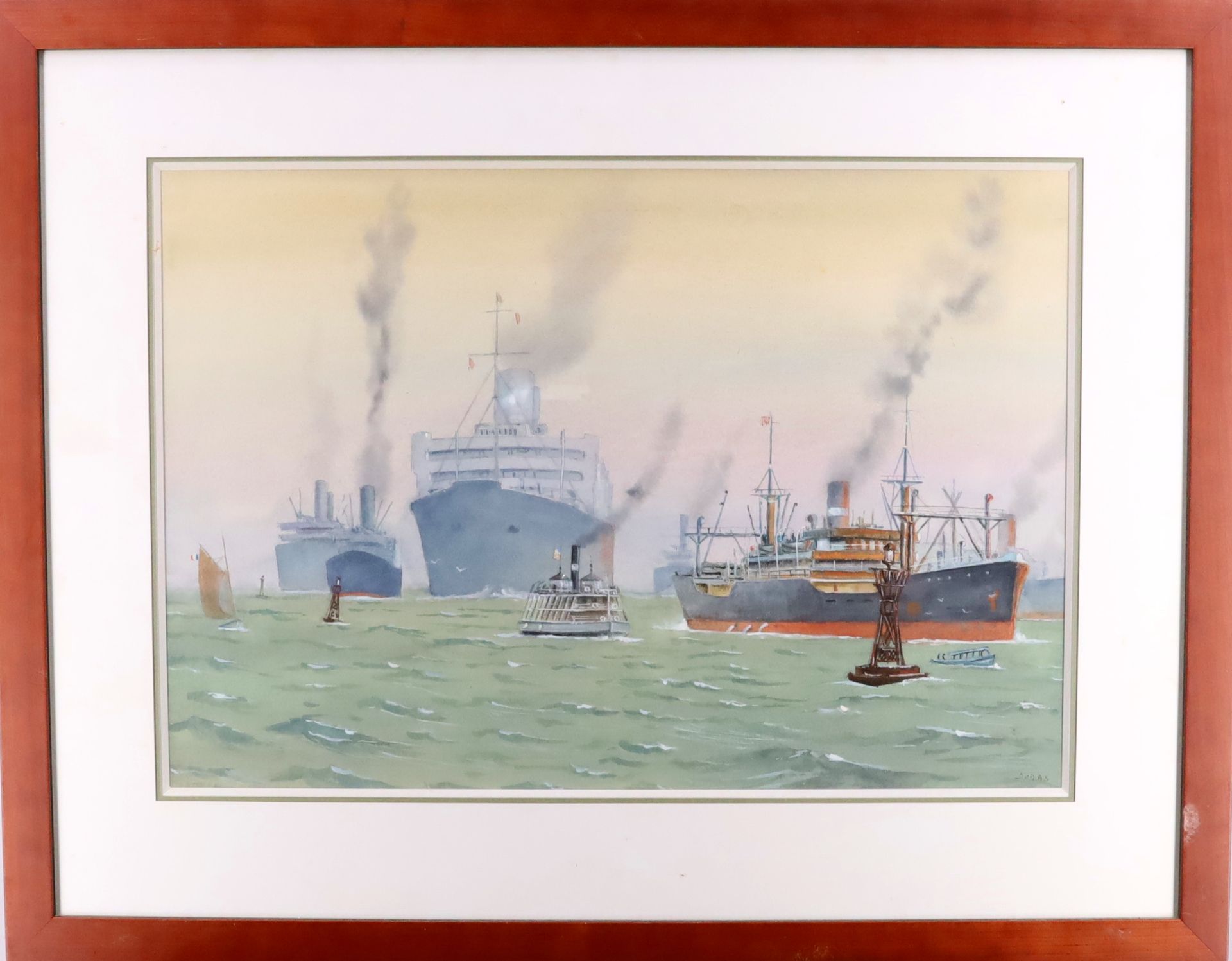 Null DURAS (20th century), The entrance to the port of New York, watercolor, sig&hellip;