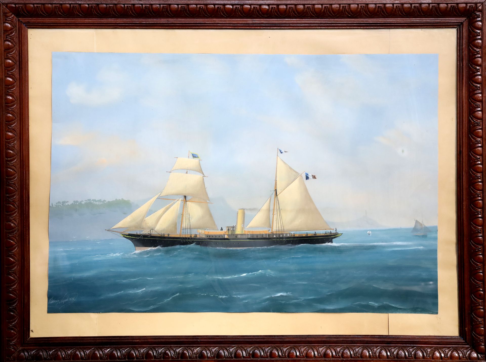 Null Roberto NAPOLI (XIXe siècle), Navire mixte près des côtes, gouache, signée &hellip;