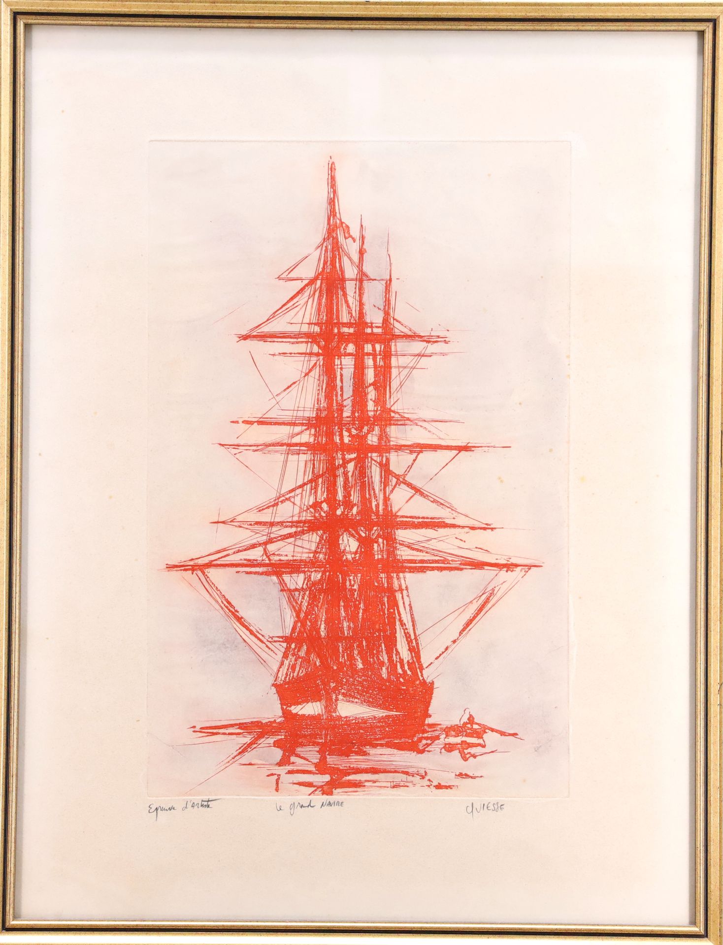 Null Claude QUIESSE (1938)《大船》。红色石板画，右下角签名，标题，艺术家的证明。展览中 64,5 x 48,5 cm
