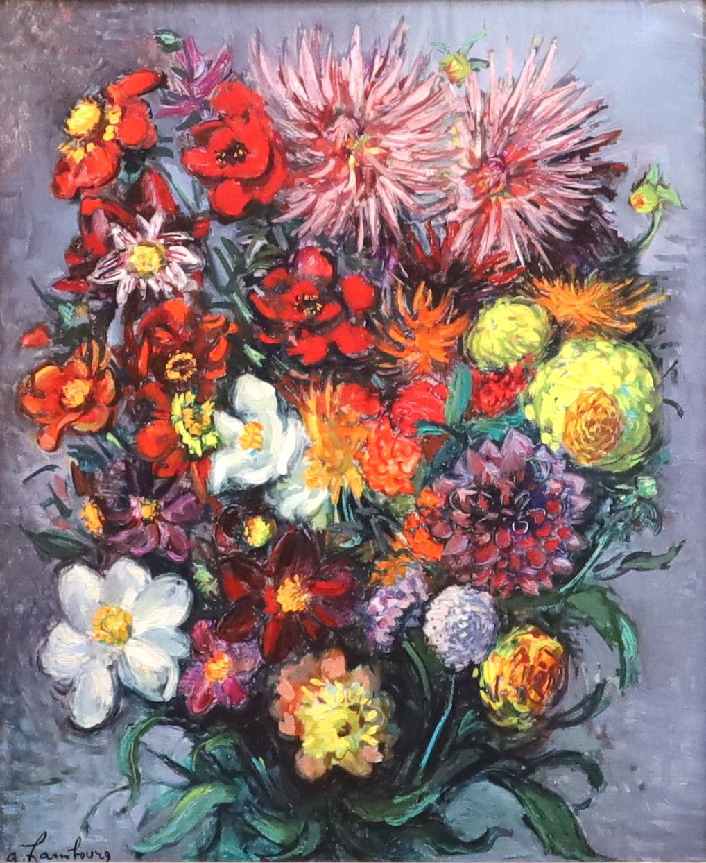 Null André HAMBOURG (1909-1999), Les dallias de Sceaux, óleo sobre lienzo, firma&hellip;