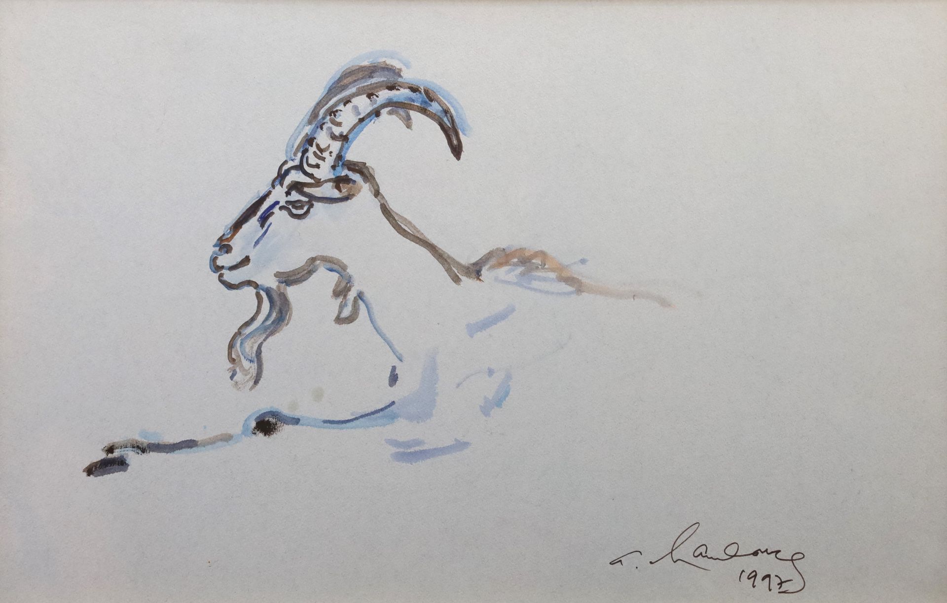 Null André HAMBOURG (1909-1999), Lying goat, watercolor, signed and dated 1997 l&hellip;