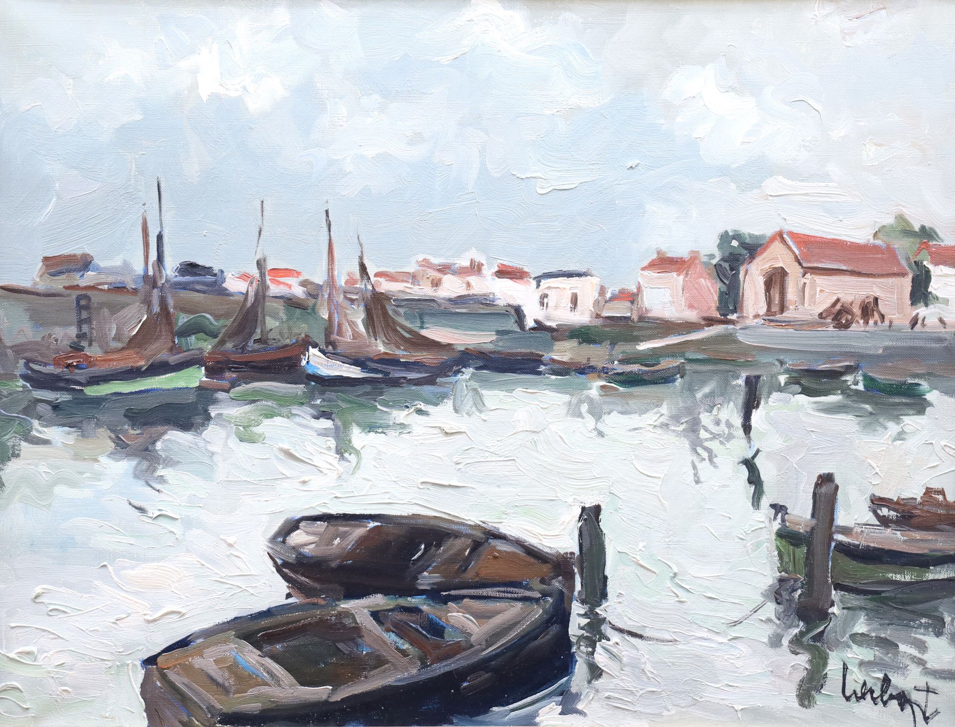 Null Fernand HERBO (1905-1995), Barques amarrées au port, huile sur toile, signé&hellip;