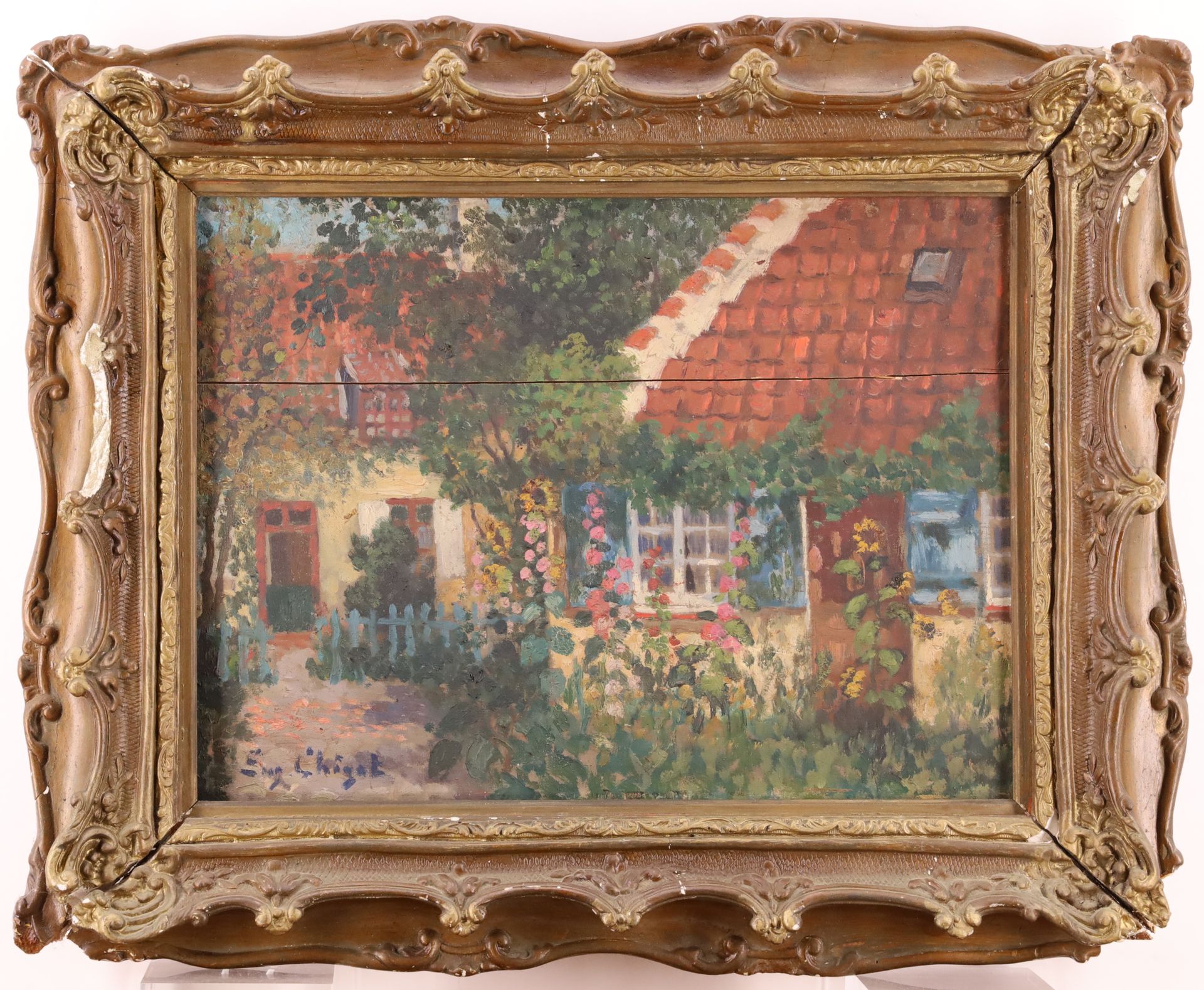 Null Eugène CHIGOT (1860-1923), Au jardin, huile sur panneau, signée en bas à ga&hellip;