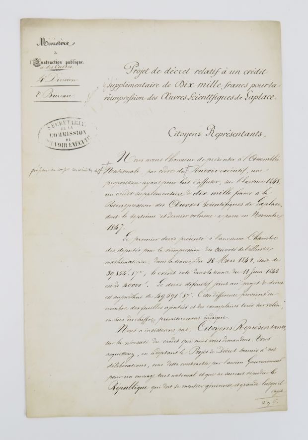 Null [LAPLACE（皮埃尔-西蒙，侯爵）。关于为重印拉普拉斯的科学作品提供一万法郎的额外贷款的法令草案。

4页手写文件，1848年6月22日在巴黎制作&hellip;