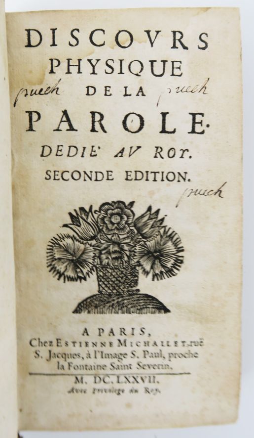Null [CORDEMOY (Géraud de).讨论生理上的假释，献给罗伊。第二版。巴黎，Michallet，1677年。

12英寸大理石花纹小牛皮，书&hellip;